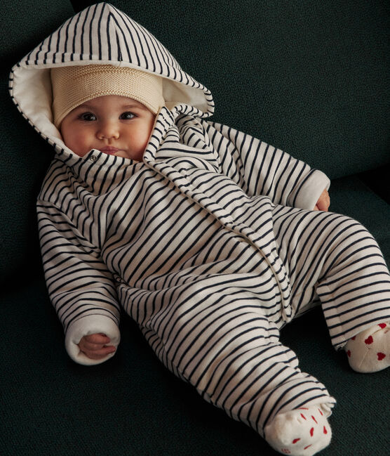 Langer, wattierter Baby-Overall mit Kapuze aus Baumwolle weiss MARSHMALLOW/blau SMOKING