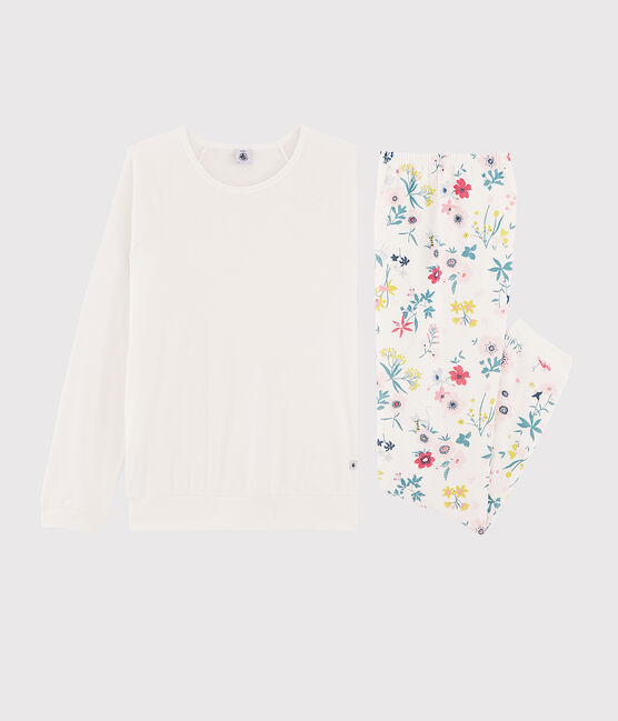 Pyjama aus zwei verschiedenen Stoffen mit Blumenmuster für Mädchen/Damen weiss MARSHMALLOW/weiss MULTICO