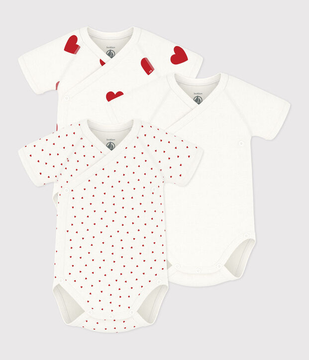 3er-Set kurz&auml;rmelige Baby-Wickelbodys aus Baumwolle mit Herzmotiv vielfarbig