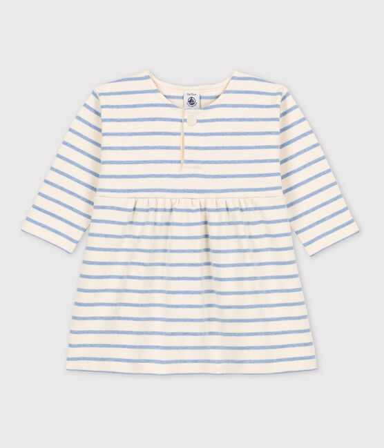 Langärmeliges Babykleid aus Baumwolle mit Marinestreifen weiss AVALANCHE/ SKY CHINE