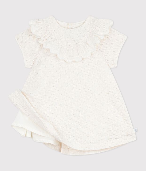 Kurz&auml;rmeliges Baby-Kleid aus Lochspitze mit Herzmotiven weiss