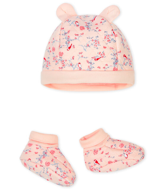 Set mit Mützchen für Neugeborene und Babyschuhen aus Doppeljersey rosa FLEUR/weiss MULTICO