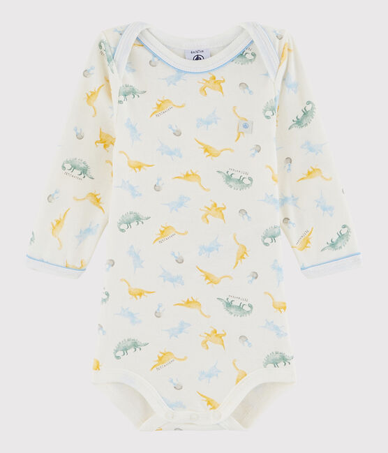 Langärmeliger Baby-Body Jungen weiss MARSHMALLOW/blau BLEU/ MULTICO