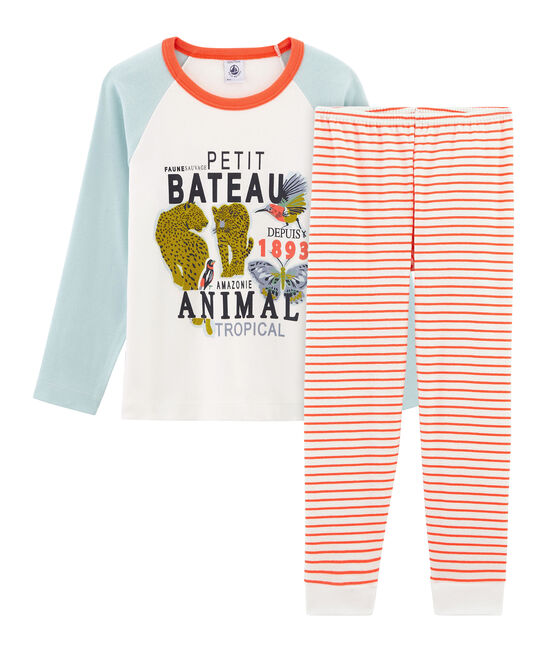 Rippstrick-Pyjama für kleine Jungen weiss MARSHMALLOW/weiss MULTICO