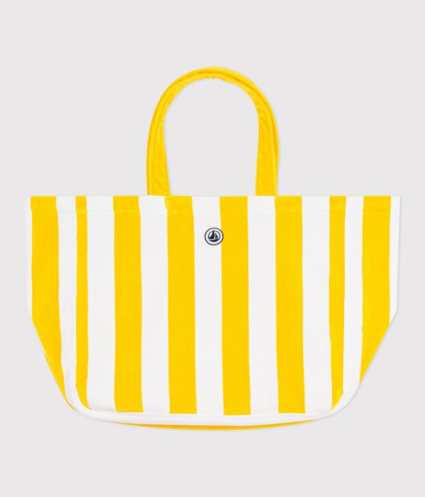 Damen-Strandtasche aus Baumwollfrottee mit Streifen gelb/weiss