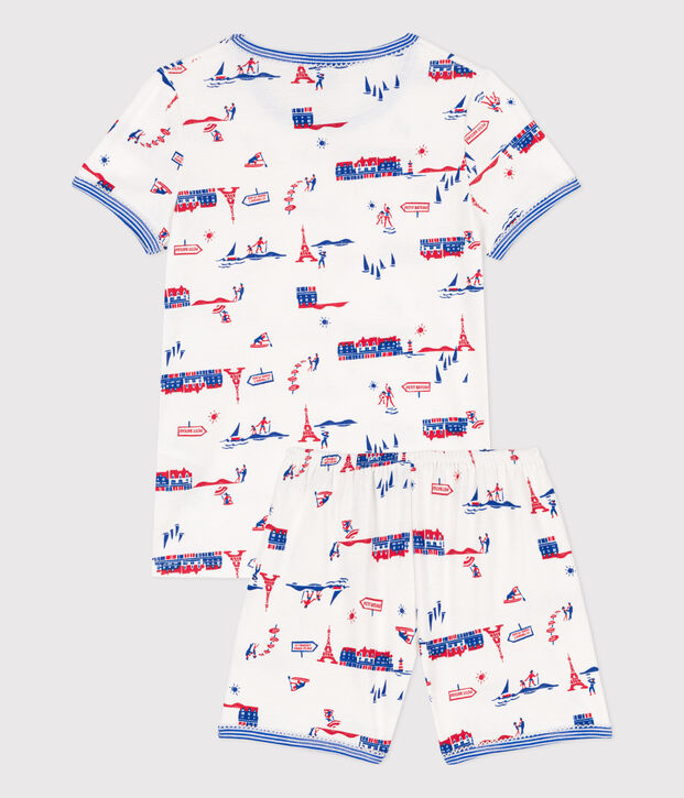 Kinder-Kurzpyjama Paris aus Baumwolle f&uuml;r M&auml;dchen weiss/vielfarbig