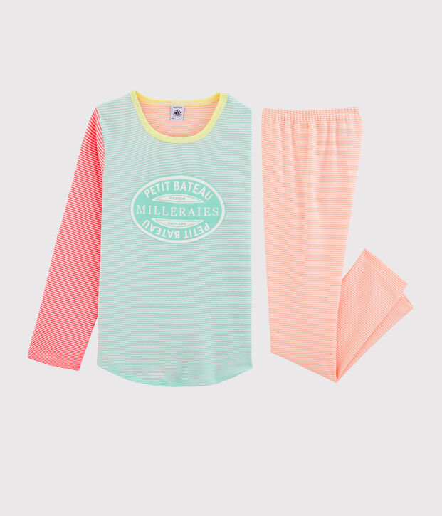 Rippstrick-Pyjama f&uuml;r M&auml;dchen weiss/vielfarbig