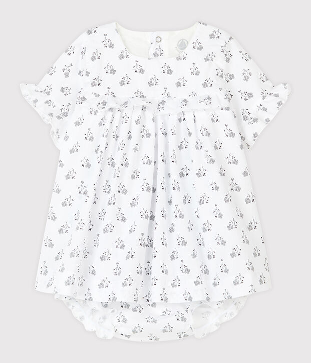 Babykleid mit Bloomer f&uuml;r M&auml;dchen, blauer Blumendruck aus Popelin weiss/vielfarbig