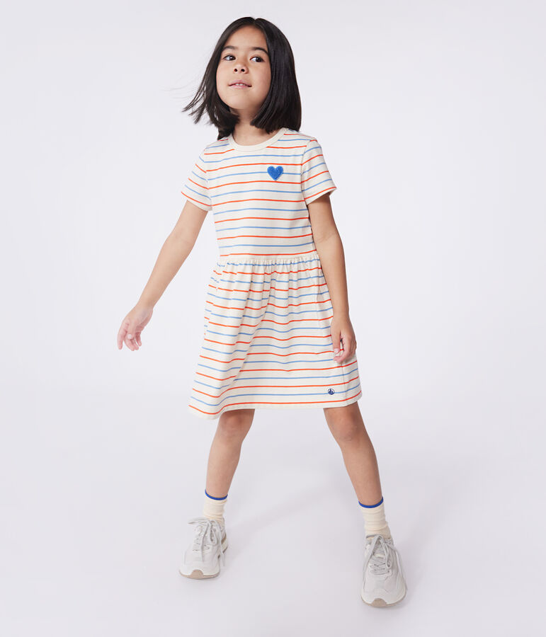 Kurz&auml;rmeliges Kinder-Kleid aus Baumwolle mit Streifen und Herzmotiv naturfarben/vielfarbig