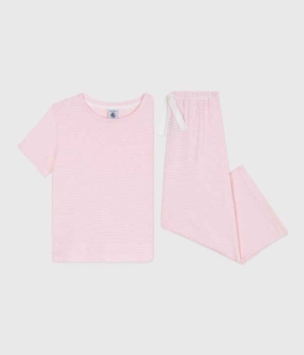 Kurz&auml;rmeliger Kinder-Pyjama aus Baumwolle mit weiten Beinen und Streifen rosa/weiss