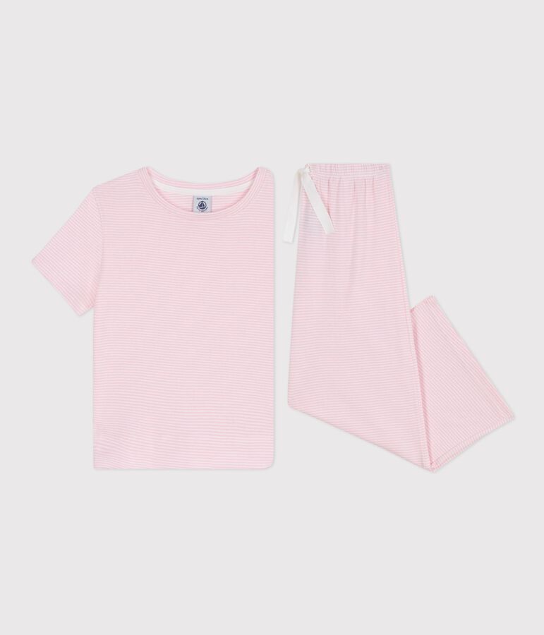 Kurz&auml;rmeliger Kinder-Pyjama aus Baumwolle mit weiten Beinen und Streifen rosa/weiss