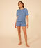 Damen-Pyjama mit Shorts und T-Shirt aus Baumwolle in Ajour-Optik, unifarben blau BEACH
