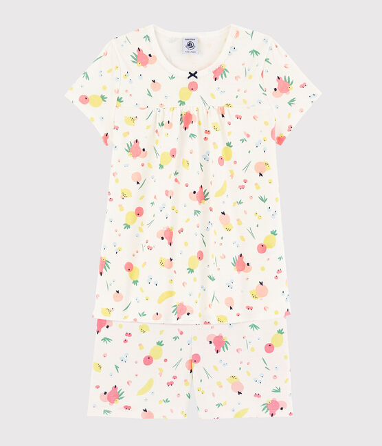 Kinder-Kurzpyjama aus Bio-Baumwolle mit Obstmuster für Mädchen weiss MARSHMALLOW/weiss MULTICO