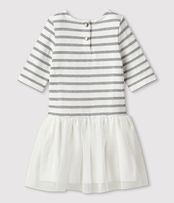 Kurzärmeliges Kinderkleid für Mädchen weiss MARSHMALLOW/grau ARGENT