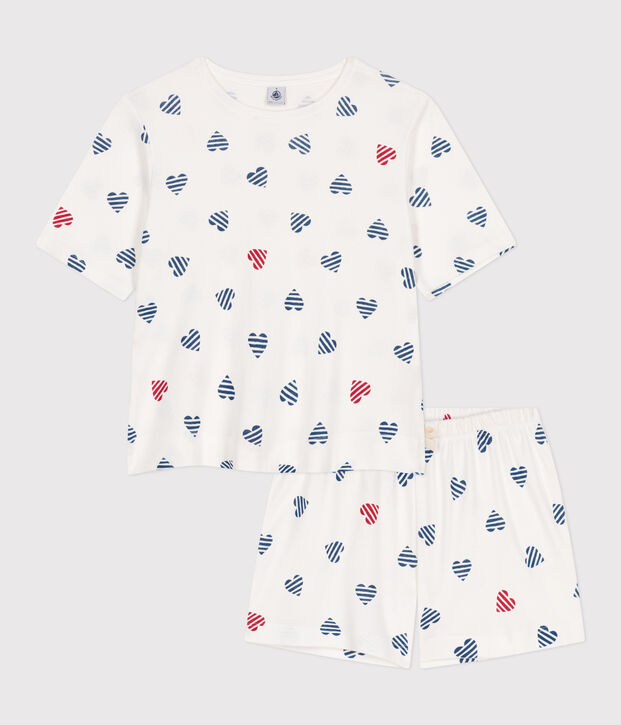 Damen-Kurzpyjama aus Baumwolle mit Herzmotiv weiss/vielfarbig