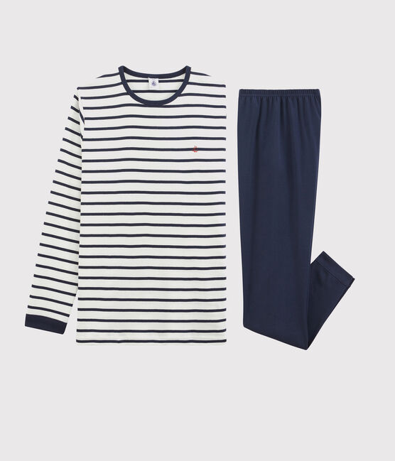 Kinderpyjama aus Baumwolle im Matrosenmuster für Jungen weiss MARSHMALLOW/blau SMOKING