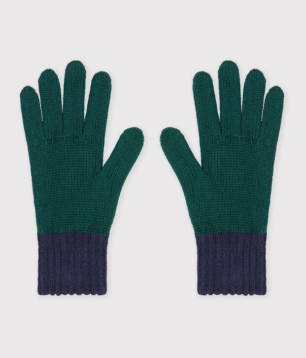 Kinder-Handschuhe aus zweifarbigem Strick mit Fleece-Futter gr&uuml;n/blau