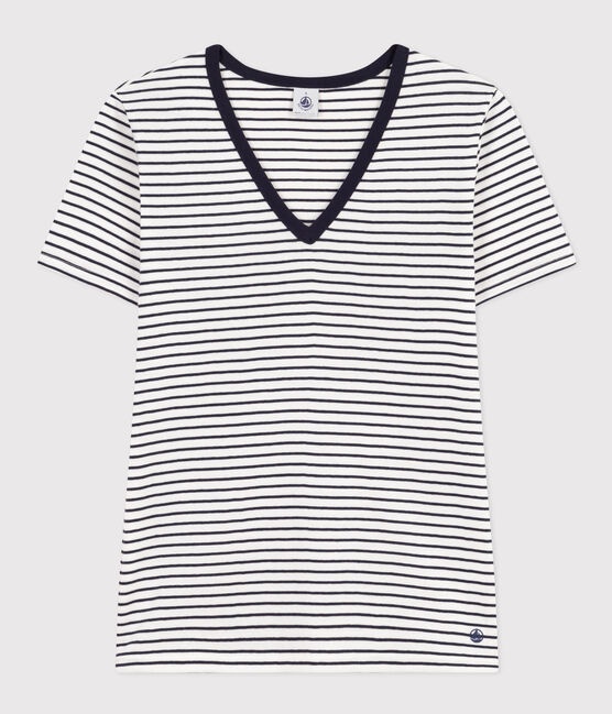 Damen-T-Shirt L'Iconique aus Baumwolle mit V-Ausschnitt, gestreift weiss MARSHMALLOW/blau SMOKING