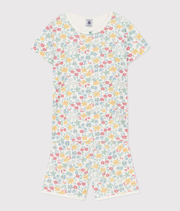 Kinder-Kurzpyjama aus Baumwolle mit Blumenmotiv f&uuml;r M&auml;dchen weiss/vielfarbig