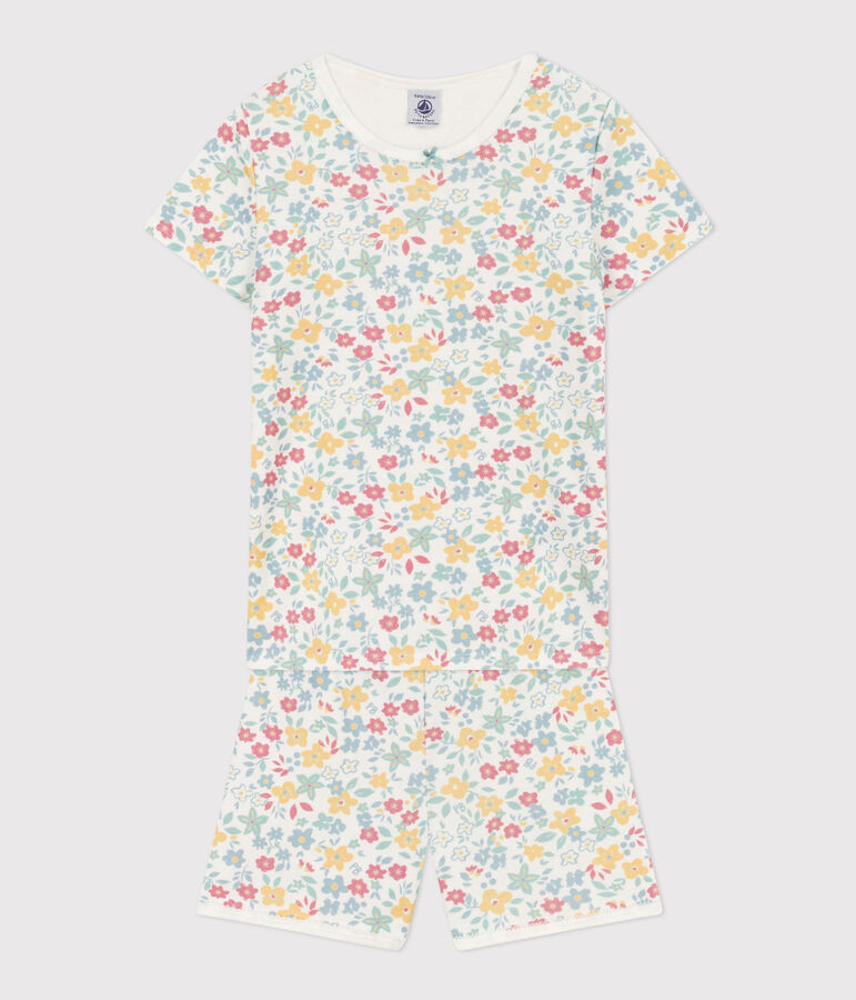 Kinder-Kurzpyjama aus Baumwolle mit Blumenmotiv f&uuml;r M&auml;dchen weiss/vielfarbig