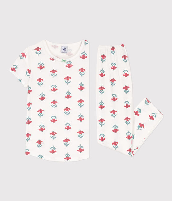 Kurzärmeliger Kinderpyjama aus Baumwolle mit Blumenmotiv für Mädchen weiss MARSHMALLOW/weiss MULTICO