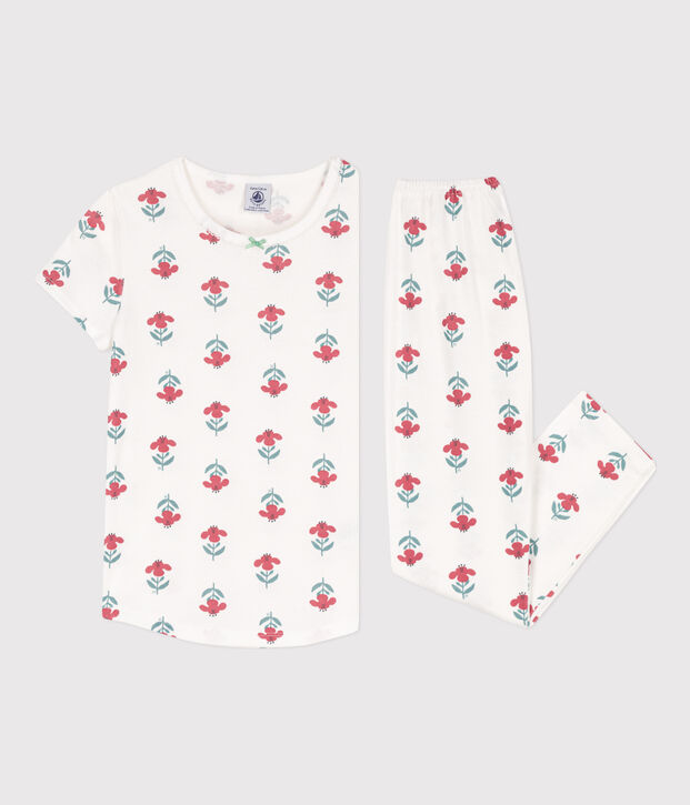 Kurz&auml;rmeliger Kinderpyjama aus Baumwolle mit Blumenmotiv f&uuml;r M&auml;dchen weiss/vielfarbig