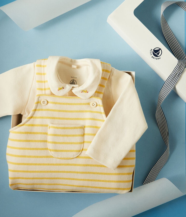 Baby-Set Latzhose und Body aus Baumwolle naturfarben/gelb