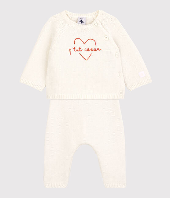 Zweiteiliges Baby-Set aus Woll- und Baumwoll-Strick weiss MARSHMALLOW