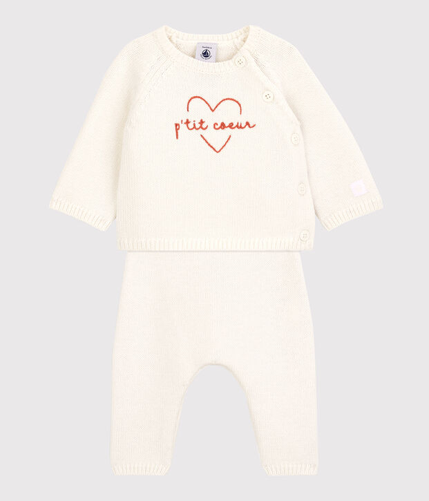 Zweiteiliges Baby-Set aus Woll- und Baumwoll-Strick weiss