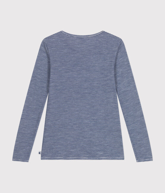 Langärmeliges gestreiftes Damen-T-Shirt aus Wolle und Baumwolle blau MEDIEVAL/weiss MARSHMALLOW