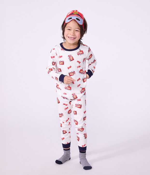 Kinder-Pyjama zum Verkleiden mit Feuerwehrmotiv aus Baumwolle weiss/vielfarbig