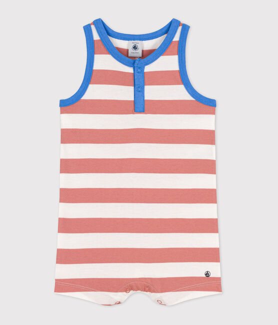 Gestreifter Baby-Kurzoverall aus Jersey rosa PAPAYE/ MARSHMALLOW