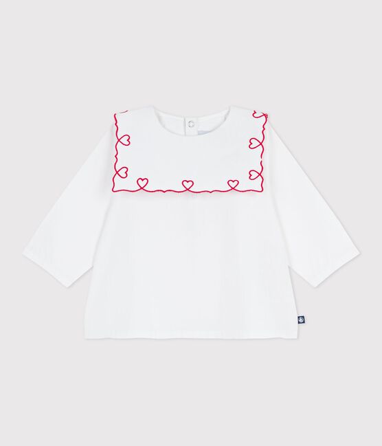 Langärmelige Baby-Bluse aus Baumwoll-Popeline mit bestickten Herzen weiss ECUME
