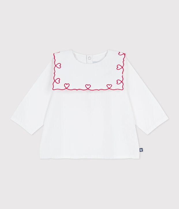 Lang&auml;rmelige Baby-Bluse aus Baumwoll-Popeline mit bestickten Herzen weiss