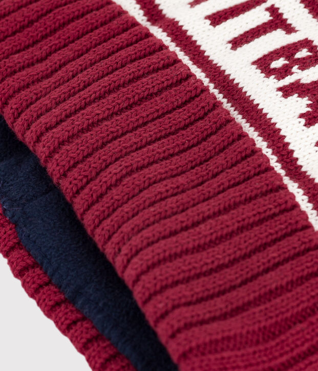 Kinder-Strickm&uuml;tze mit Petit Bateau-Fleece gef&uuml;ttert rot/weiss