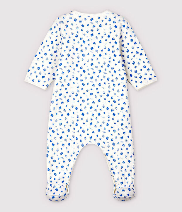 Gemusterter Baby-Bodyjama mit Boot-Motiv, aus Doppeljersey aus Bio-Baumwolle weiss/blau