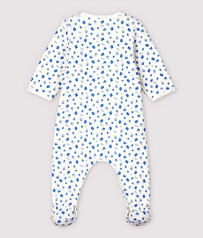 Gemusterter Baby-Bodyjama mit Boot-Motiv, aus Doppeljersey aus Bio-Baumwolle weiss MARSHMALLOW/blau COOL