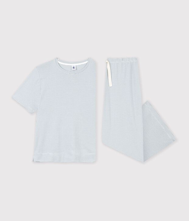 Damen-Pyjama aus Baumwolle mit weiten Beinen und Streifen grau/weiss
