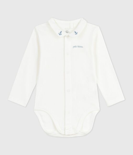 Baby-Body mit besticktem Kragen und Schriftzug an der Brust MARSHMALLOW/ ADRIATIC