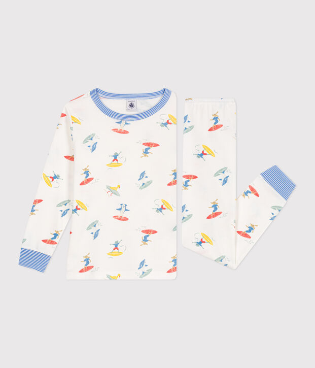 Lang&auml;rmeliger Kinder-Pyjama aus Baumwolle mit Surf-Motiven weiss/vielfarbig