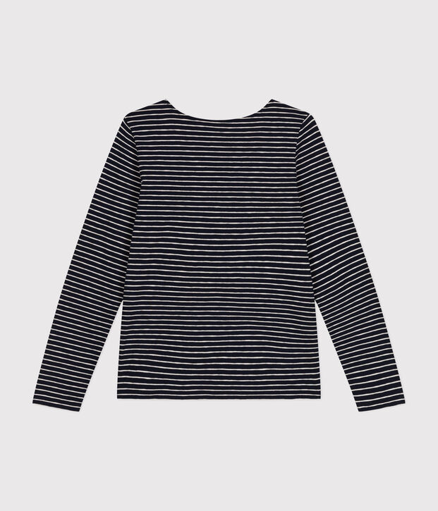 Lang&auml;rmeliges Damen-T-Shirt Le Droit mit weitem Ausschnitt aus geflammten Jersey blau/beige