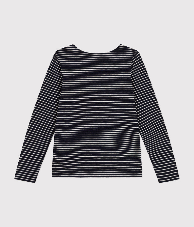 Lang&auml;rmeliges Damen-T-Shirt Le Droit mit weitem Ausschnitt aus geflammten Jersey blau/beige