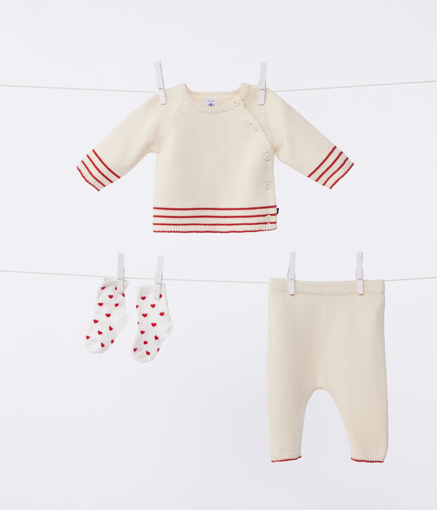 2-teiliges Baby-Set aus Baumwollstrick mit Jacquardmuster naturfarben/rot