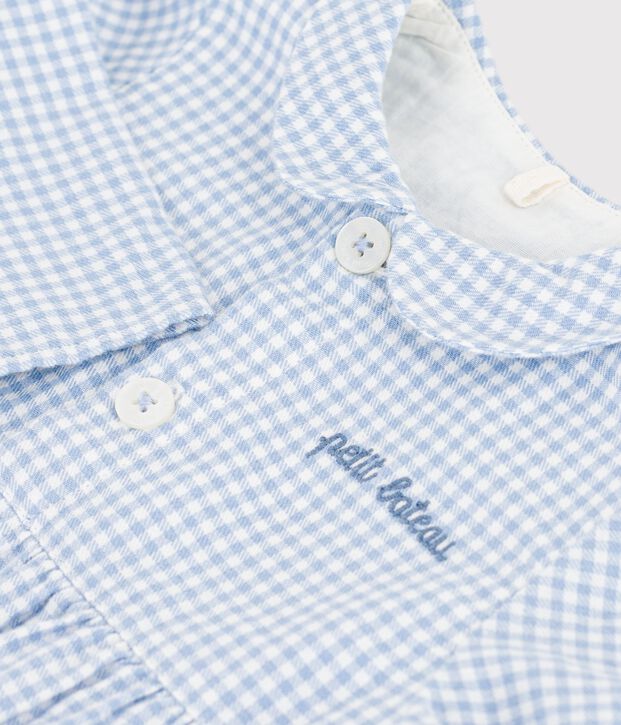 Baby-Kurzoverall aus Baumwolle mit Kragen und Vichy-Muster blau/weiss