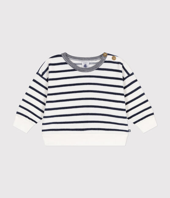 Baby-Sweatshirt aus Bouclette-Samt weiss MARSHMALLOW/blau SMOKING