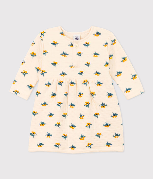 Bedrucktes lang&auml;rmeliges Babykleid aus gestepptem Doppeljersey naturfarben/vielfarbig