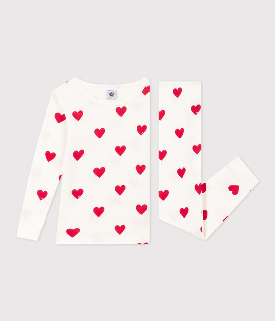 Anliegend geschnittener Herz-Pyjama aus Baumwolle für kleine Mädchen weiss MARSHMALLOW/rot TERKUIT