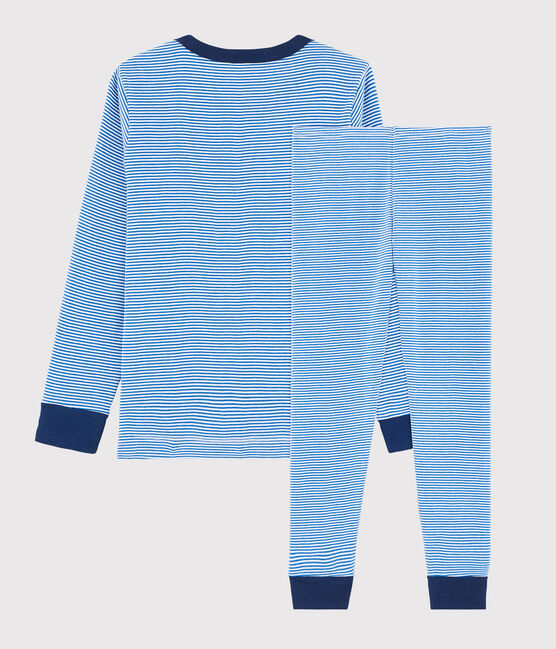 Kinderpyjama aus Rippstrick mit blauen Ringelstreifen für Jungen blau RUISSEAU/weiss MARSHMALLOW