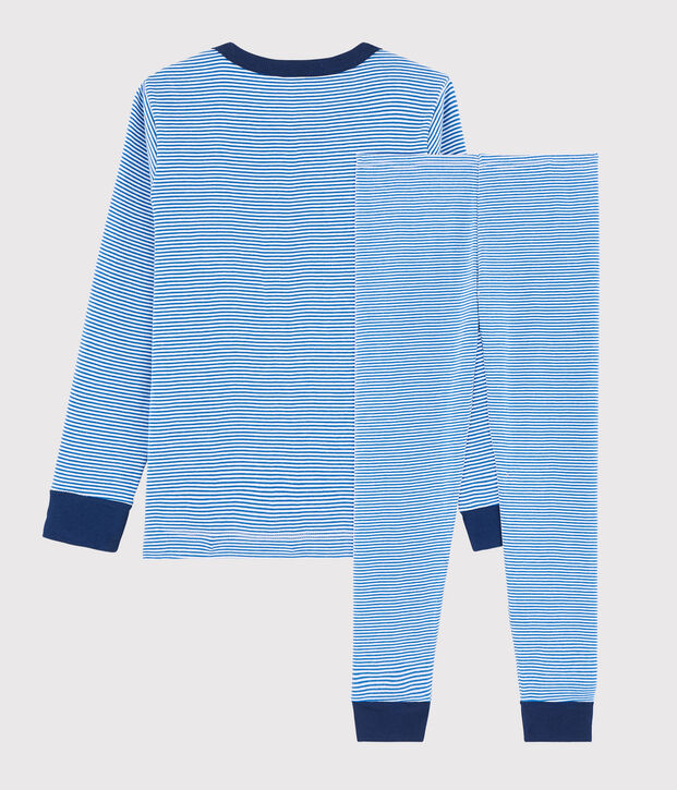 Kinderpyjama aus Rippstrick mit blauen Ringelstreifen f&uuml;r Jungen blau/weiss