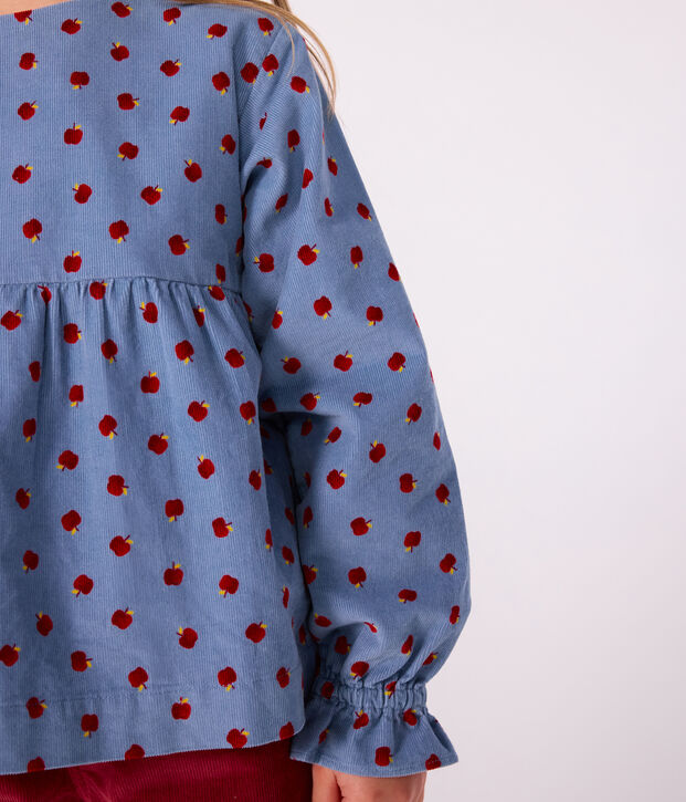 Lang&auml;rmeliges Kinder-Bluse aus gemustertem Fein-Cord. blau/vielfarbig